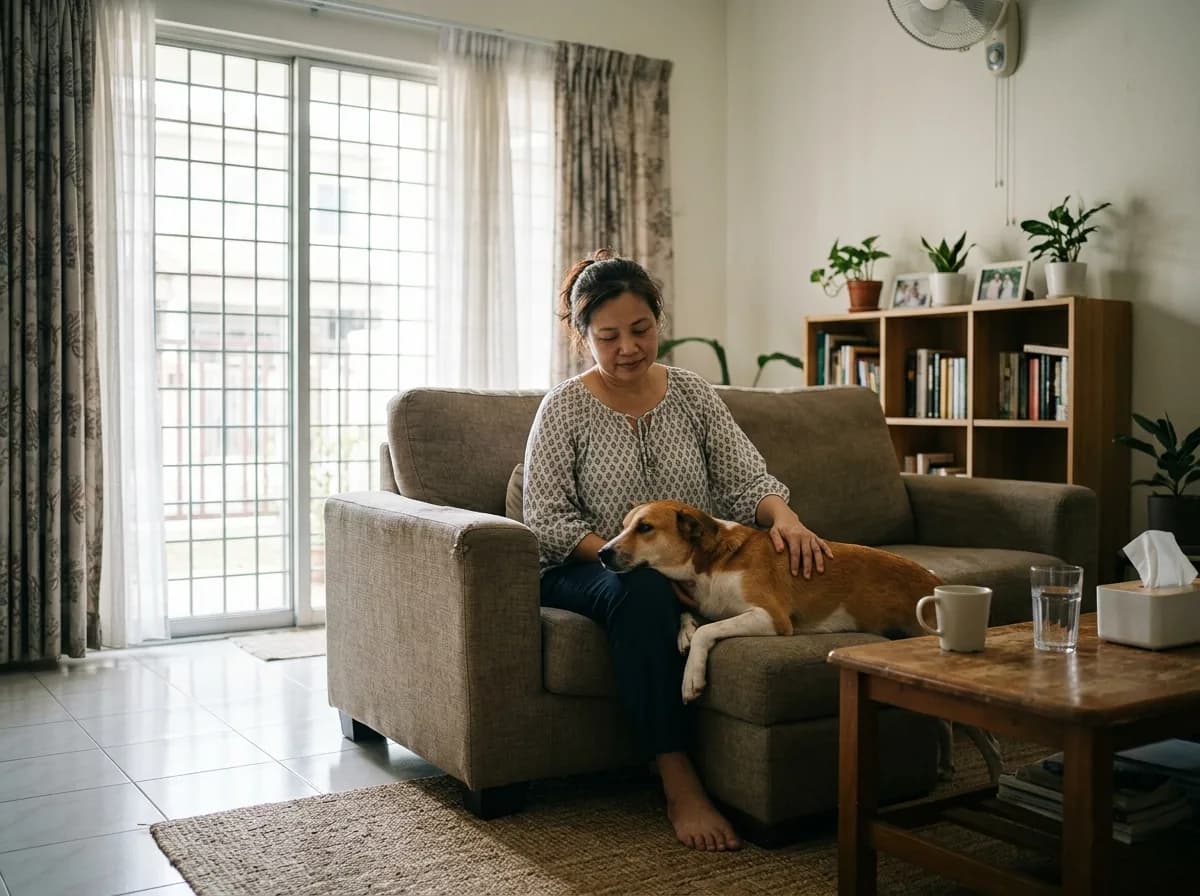 A person sitting peacefully with a calm dog in a home living room.