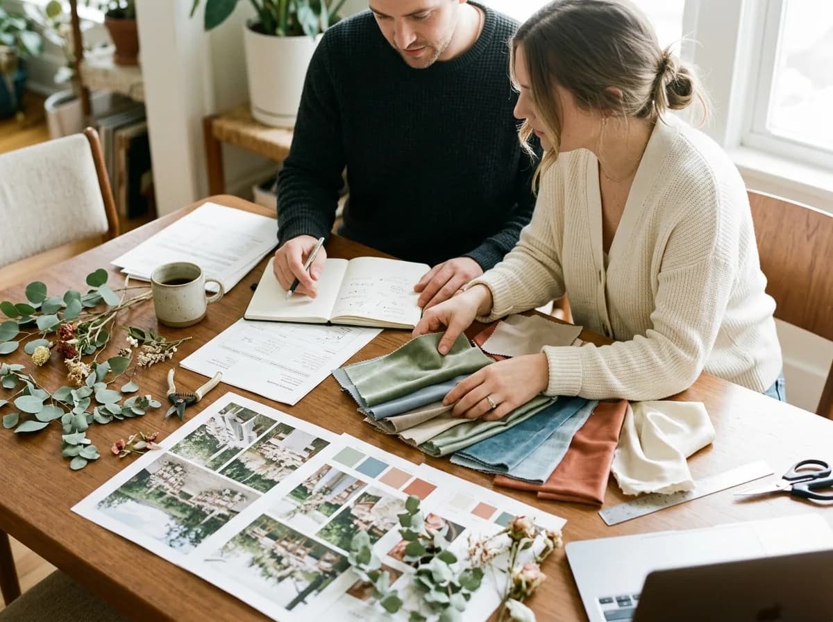 Couple reviewing wedding vendor samples and planning materials at a table.