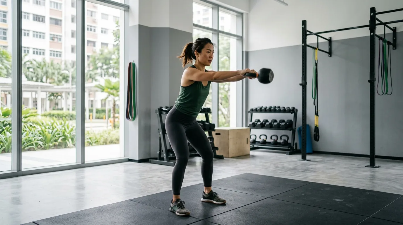 Woman doing a kettlebell exercise in a modern gym studio with natural light