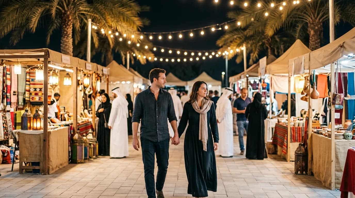 Couple walking through a lit outdoor market at night with colorful pavilions and festive lights.