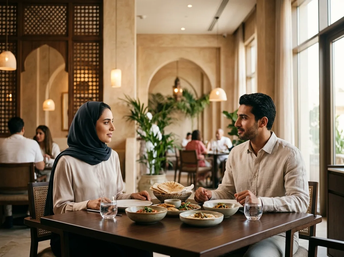 Two people in smart-casual dress dining at a restaurant table.