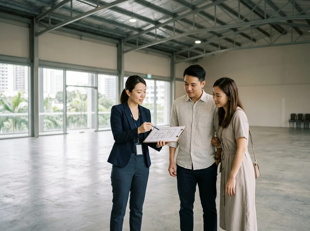 Wedding planner reviewing costs and floor plan with a couple in an event space.