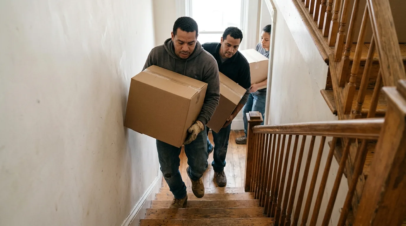Moving crew carrying boxes down apartment stairs