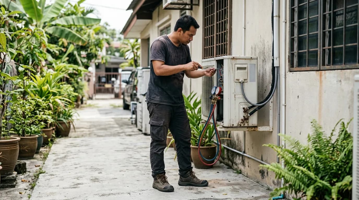 Technician servicing an outdoor air conditioning unit on a residential wall
