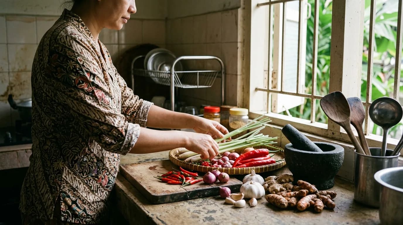 Fresh Asian ingredients and traditional cooking tools on a wooden kitchen counter.