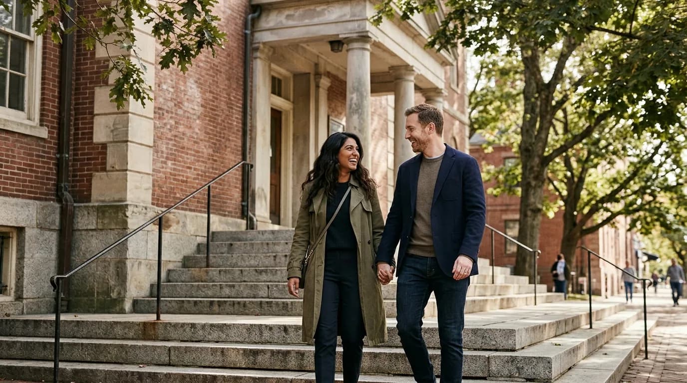 A couple holding hands on the steps of a grand classical government building.