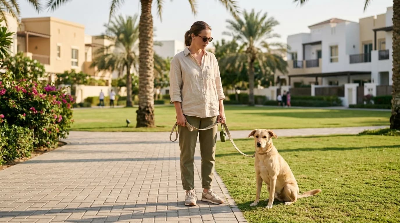 Person with a leashed dog in a sunny Dubai outdoor setting, both appearing relaxed and content.