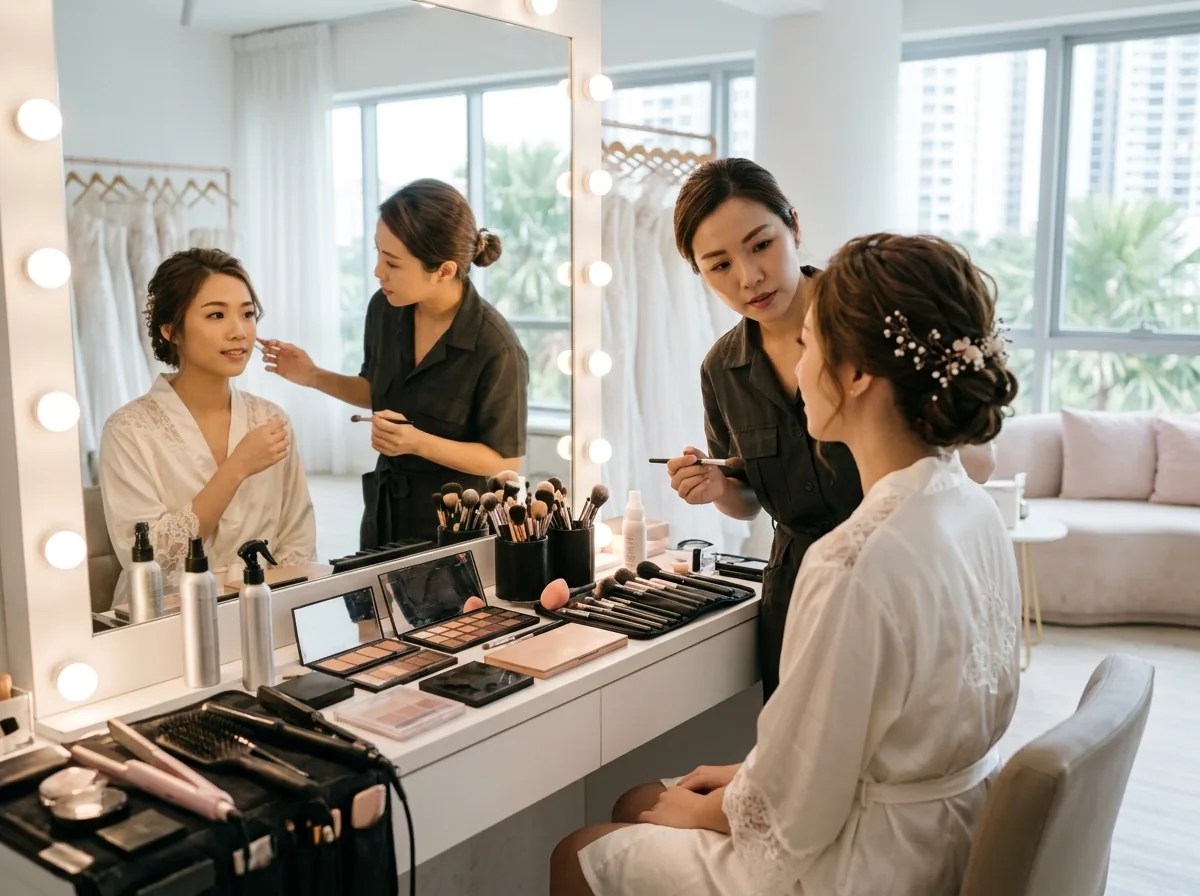 Bride and makeup artist reviewing bridal look in mirror during trial session.