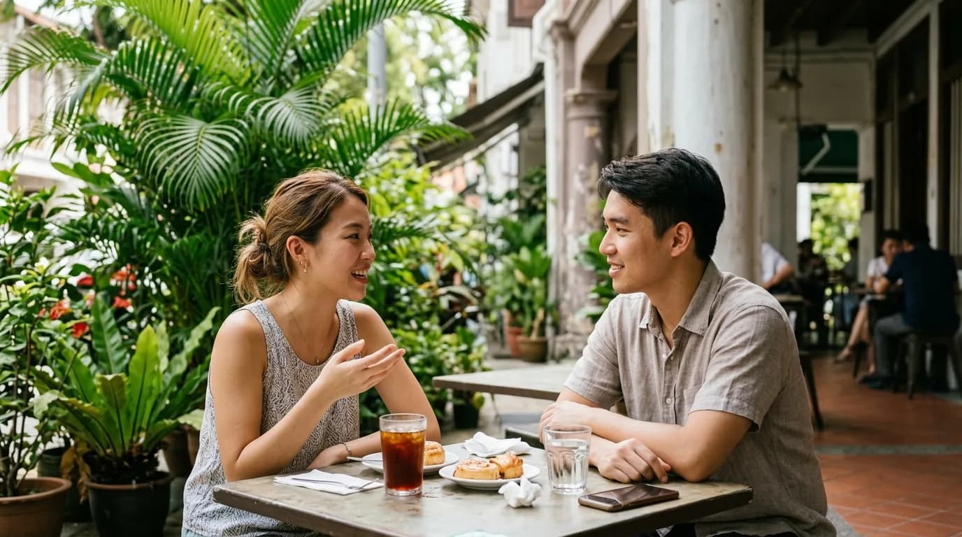 Two people having a friendly conversation at an outdoor café table, both smiling and engaged.