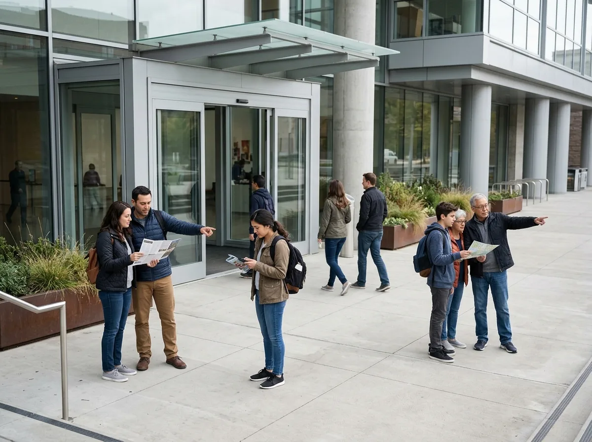 Visitors consulting maps and phones before entering a cultural venue.