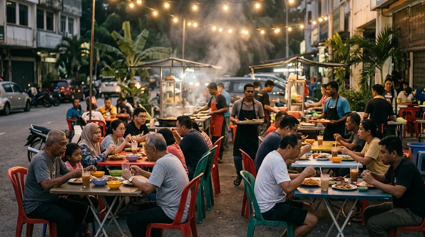 Outdoor dining scene in evening with diners eating at tables under warm lights