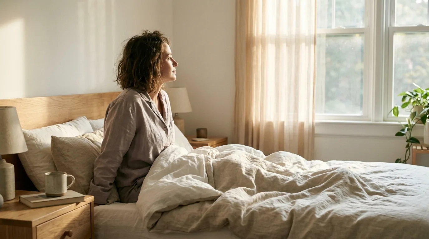Person waking up in morning sunlight in a bright bedroom.