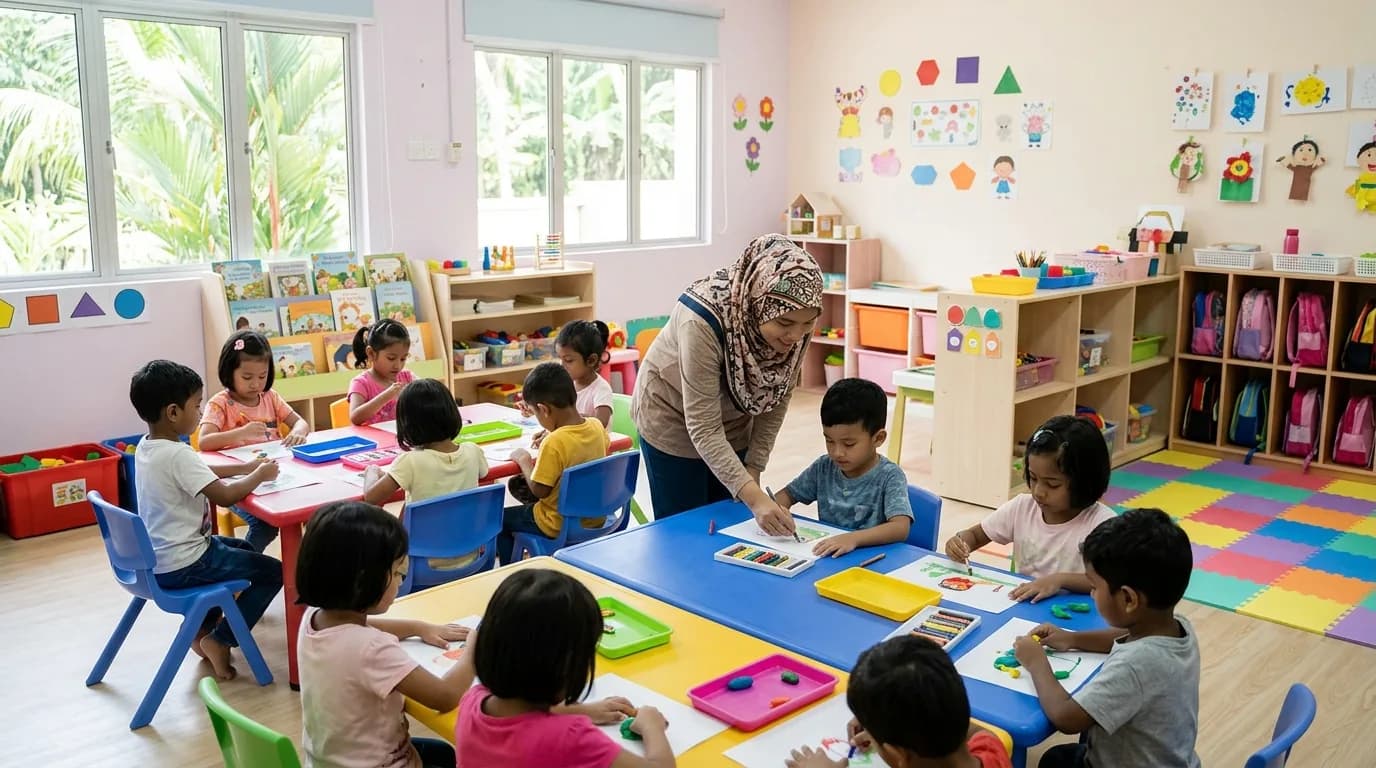 Young children doing crafts and learning activities in a bright preschool classroom with a teacher.