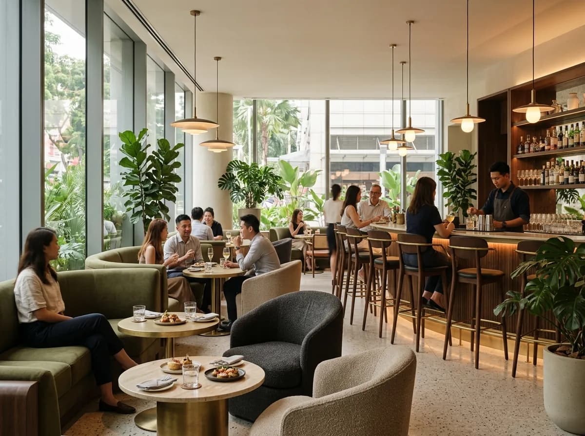Modern restaurant interior with bar seating and casual dining space