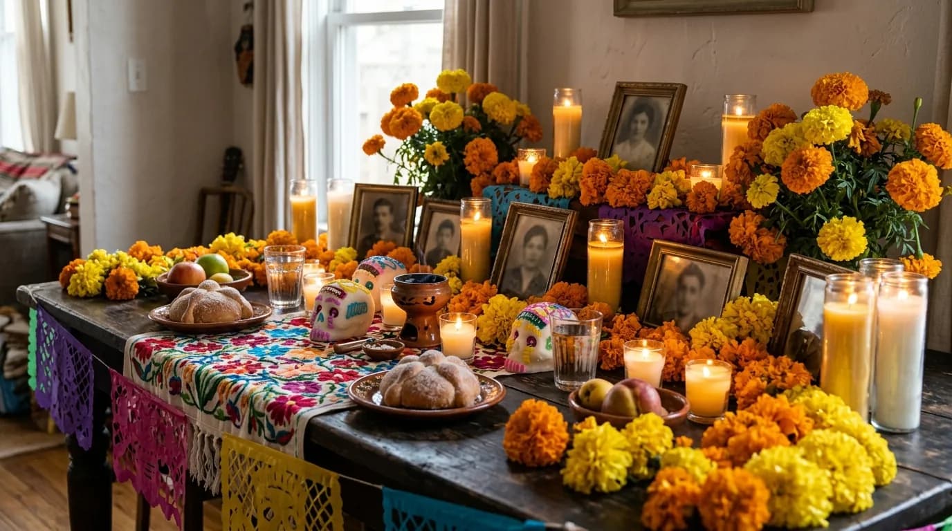 Día de los Muertos altar with marigolds, candles, photos and traditional items on a wooden table.