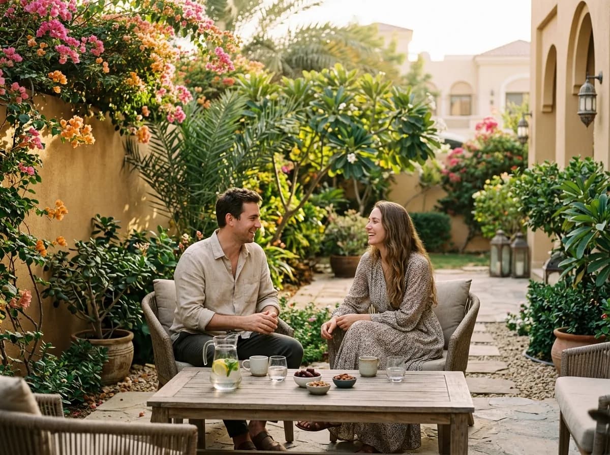 Couple relaxing with drinks in a garden setting at dusk