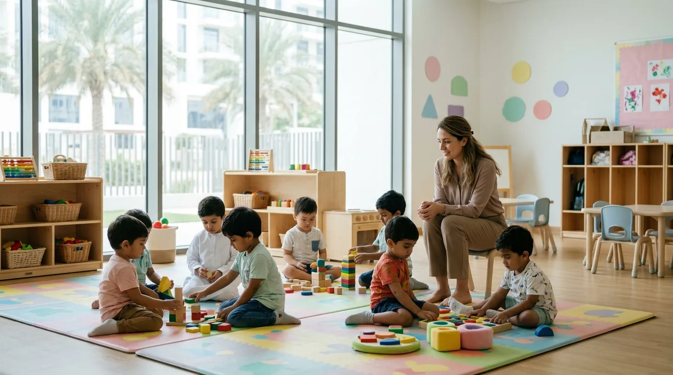 Young children playing with toys in a sunny nursery classroom with a caregiver present.