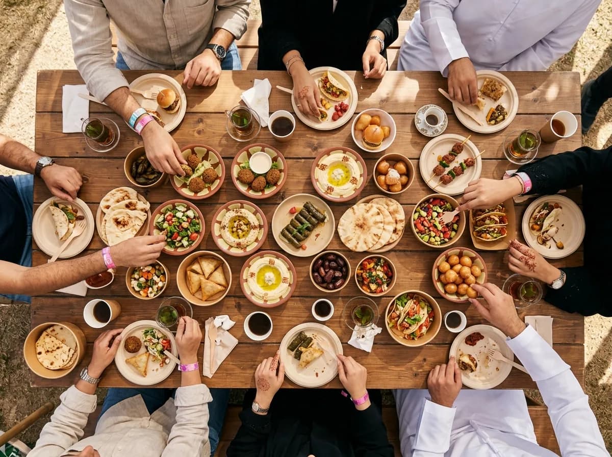 Top view of a table with various tasting dishes and drinks at a food festival.