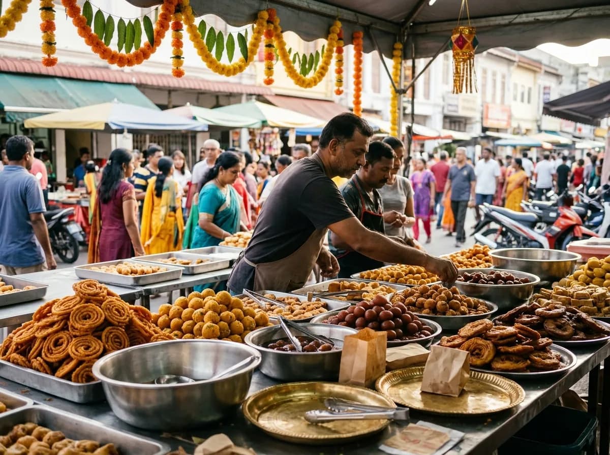 Traditional Deepavali sweets and snacks displayed at a Malaysian food stall.