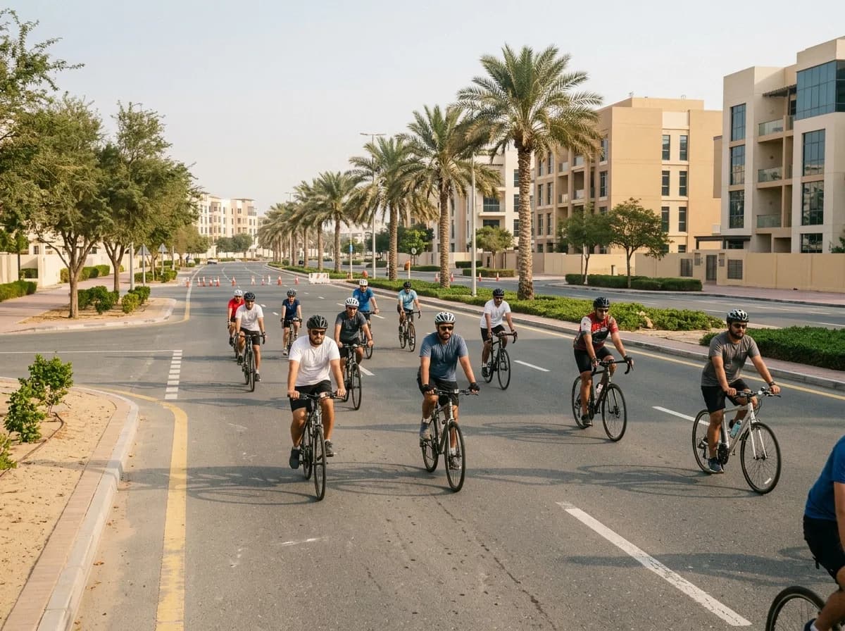 Cyclists riding together on a car-free Dubai street during a community event.