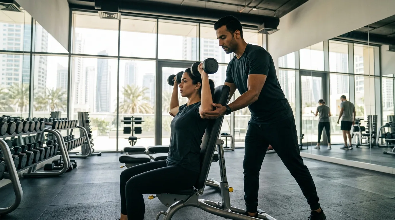 Personal trainer spotting client lifting dumbbells in a modern gym studio.