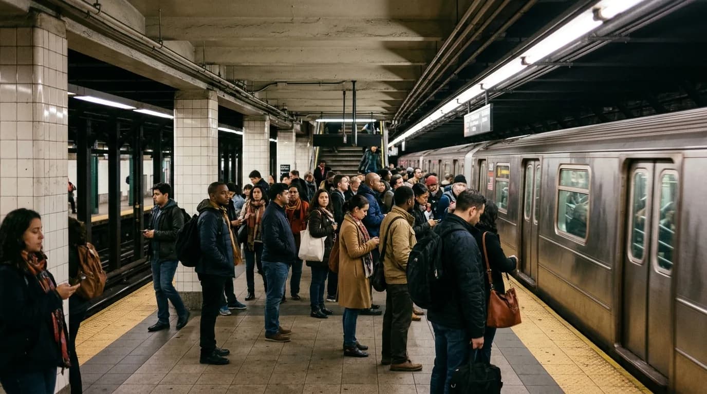 Crowded subway platform with passengers waiting to board a train