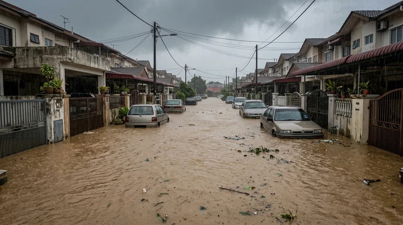 Water floods a suburban Malaysian street during heavy rainfall, surrounding parked vehicles and residential homes.
