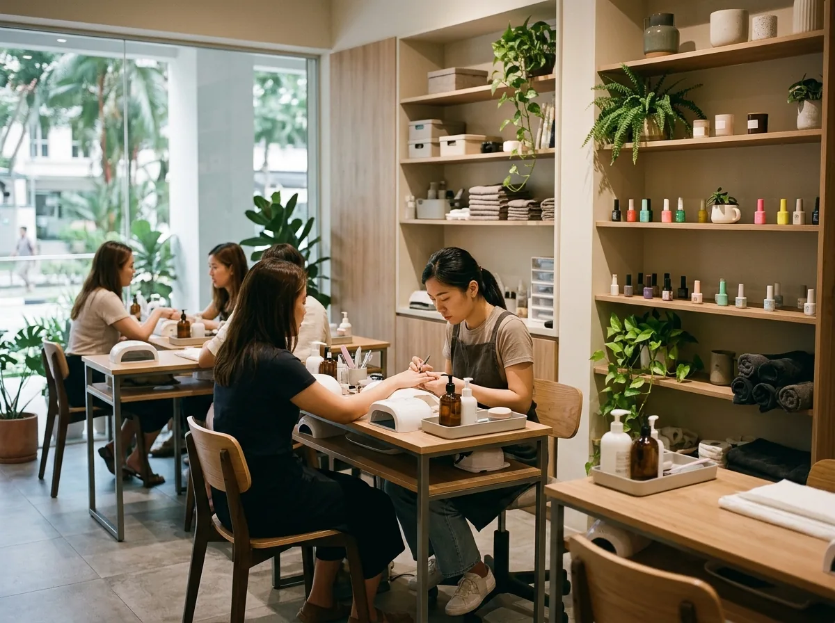 Clean, modern nail salon interior with multiple manicure stations and polish displays