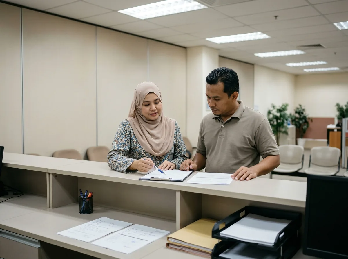 Council office worker processing a dog licence application at a counter.