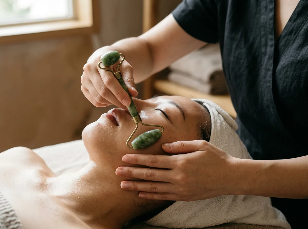 Therapist's hands applying facial serum or using a jade roller on client's skin