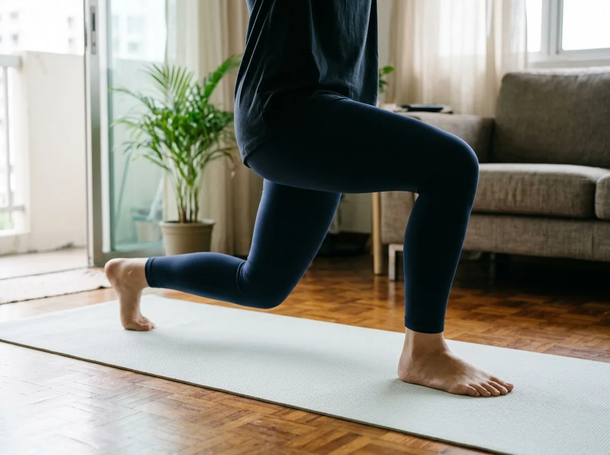 Person doing a quiet lunge exercise on a mat in a small living room.