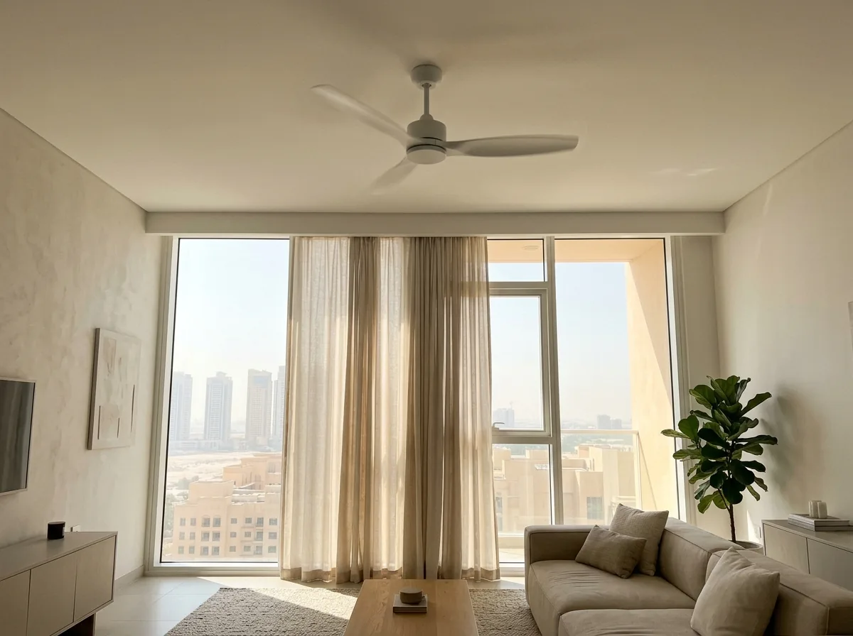 Ceiling fan running in a bright apartment living room with sun-blocking curtains