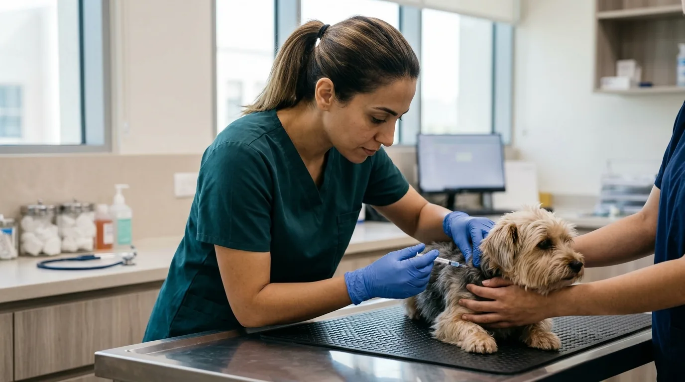 Vet microchipping a small pet in a clinic examination room.
