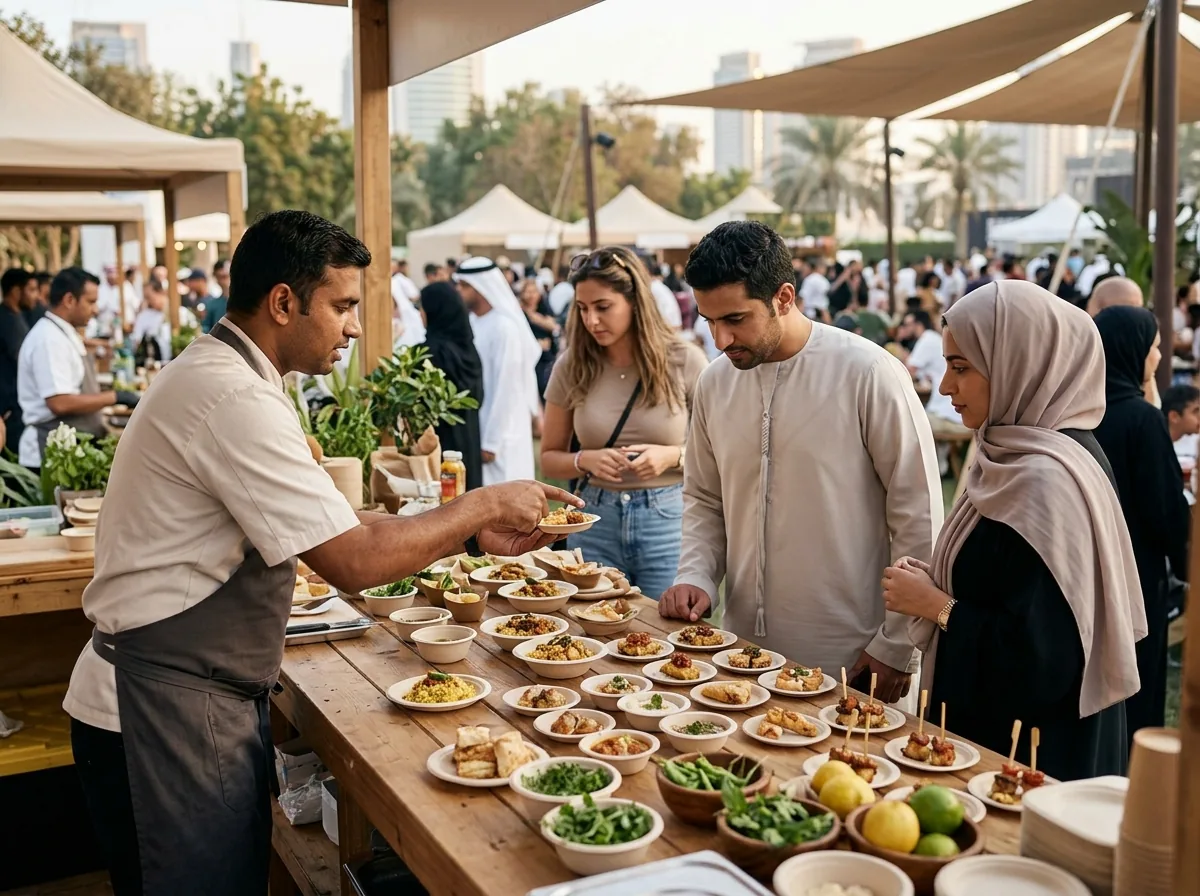Server presenting tasting portions at a food festival counter to a guest.