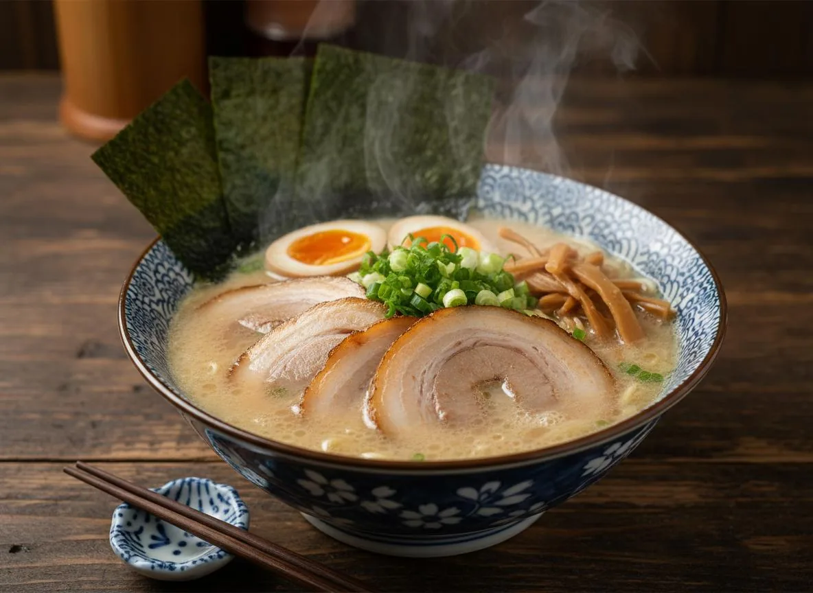 Steaming bowl of tonkotsu ramen with pork, egg, and vegetables in decorative ceramic bowl