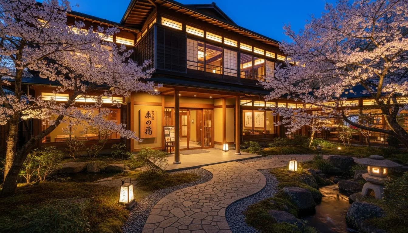 Traditional Japanese restaurant building at night with blooming cherry blossoms and lantern-lit courtyard