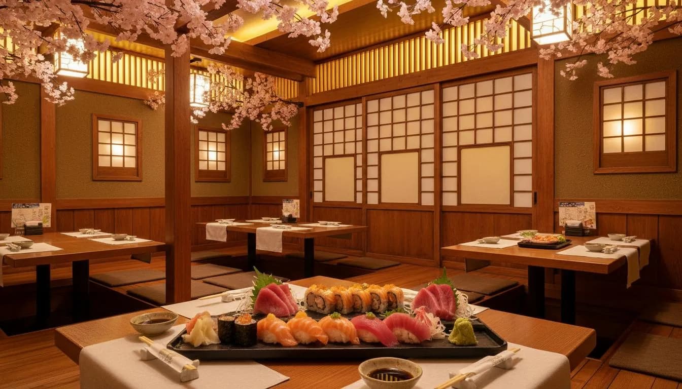 Traditional Japanese restaurant interior with wooden furnishings, tatami-style seating, and fresh sushi platter on display.