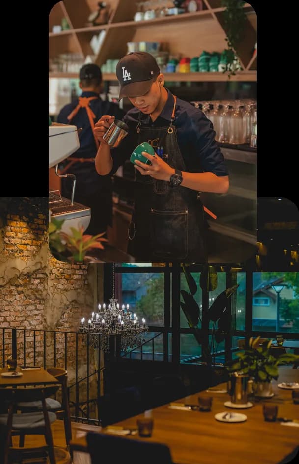 Barista making drinks at cafe counter with brick walls and shelving
