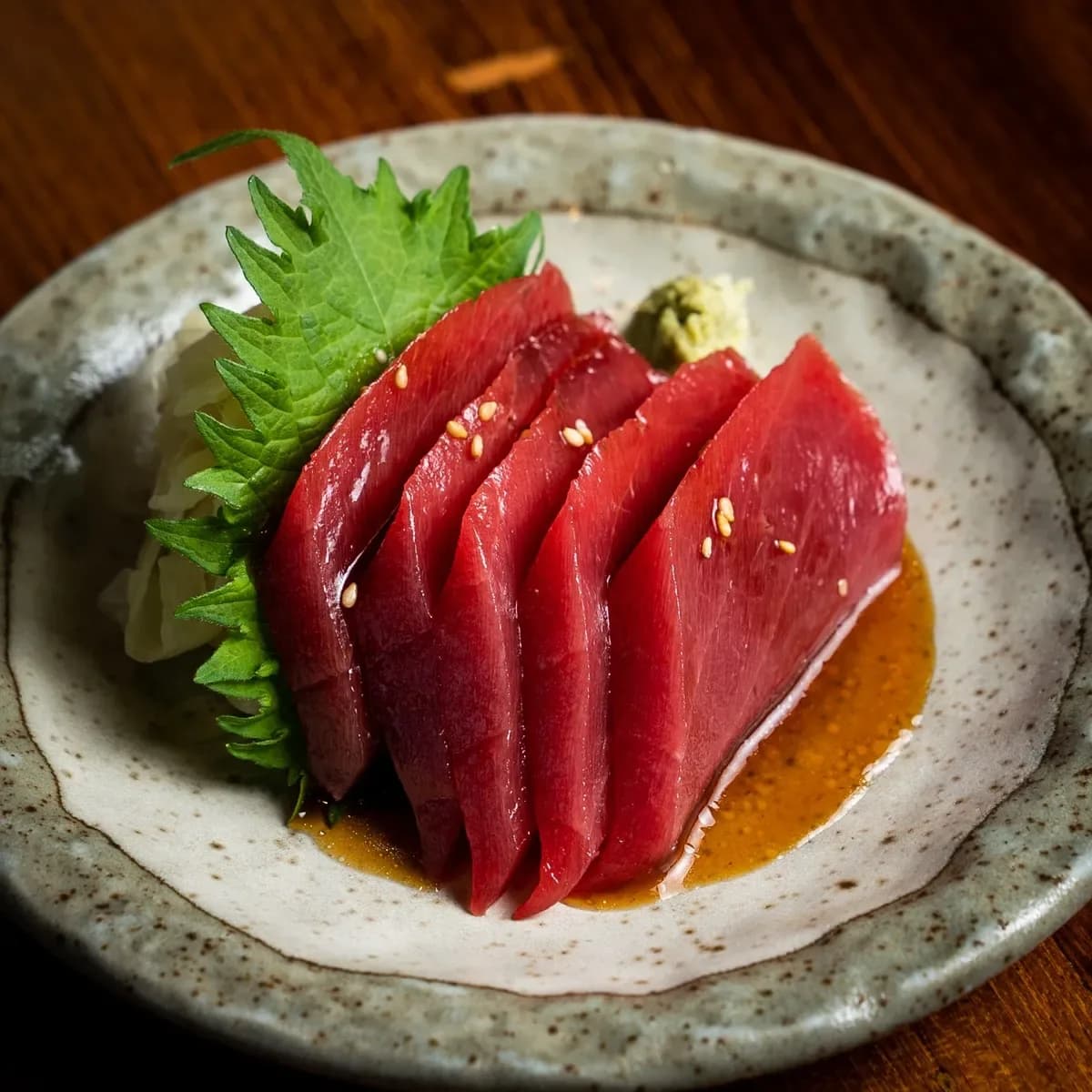 Sliced tuna sashimi on ceramic plate with shiso, ponzu sauce, and wasabi