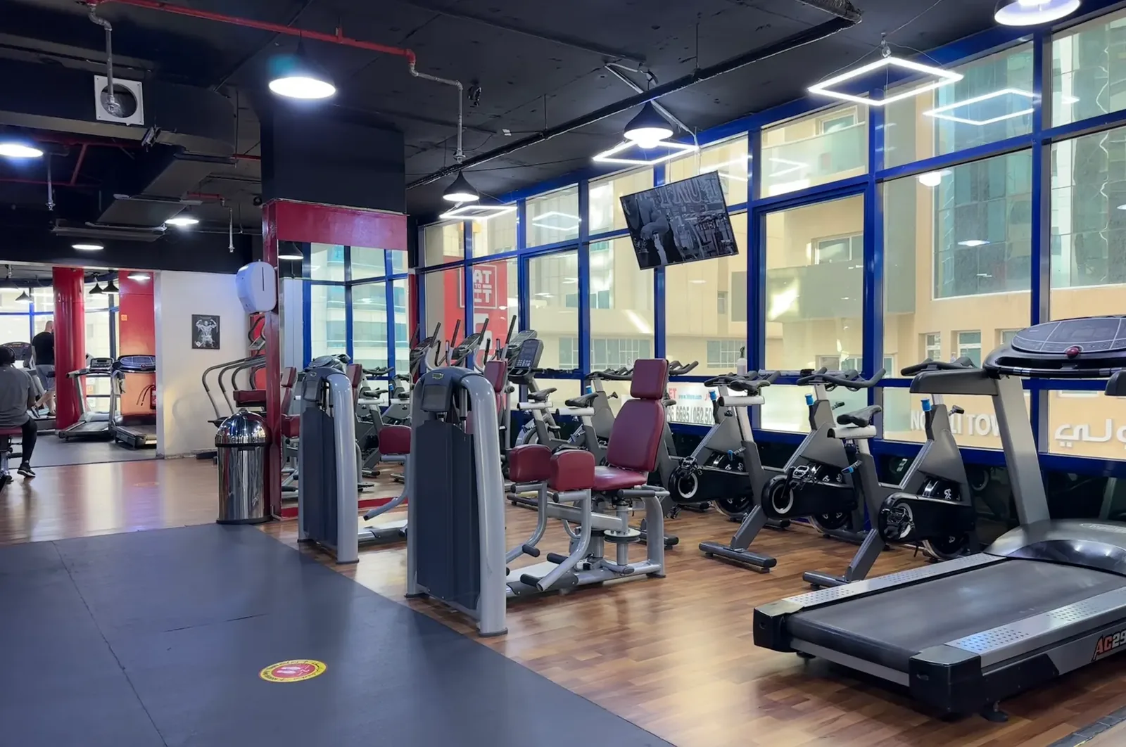Gym floor with cardio equipment, weights, and machines in bright well-lit space with blue-framed windows