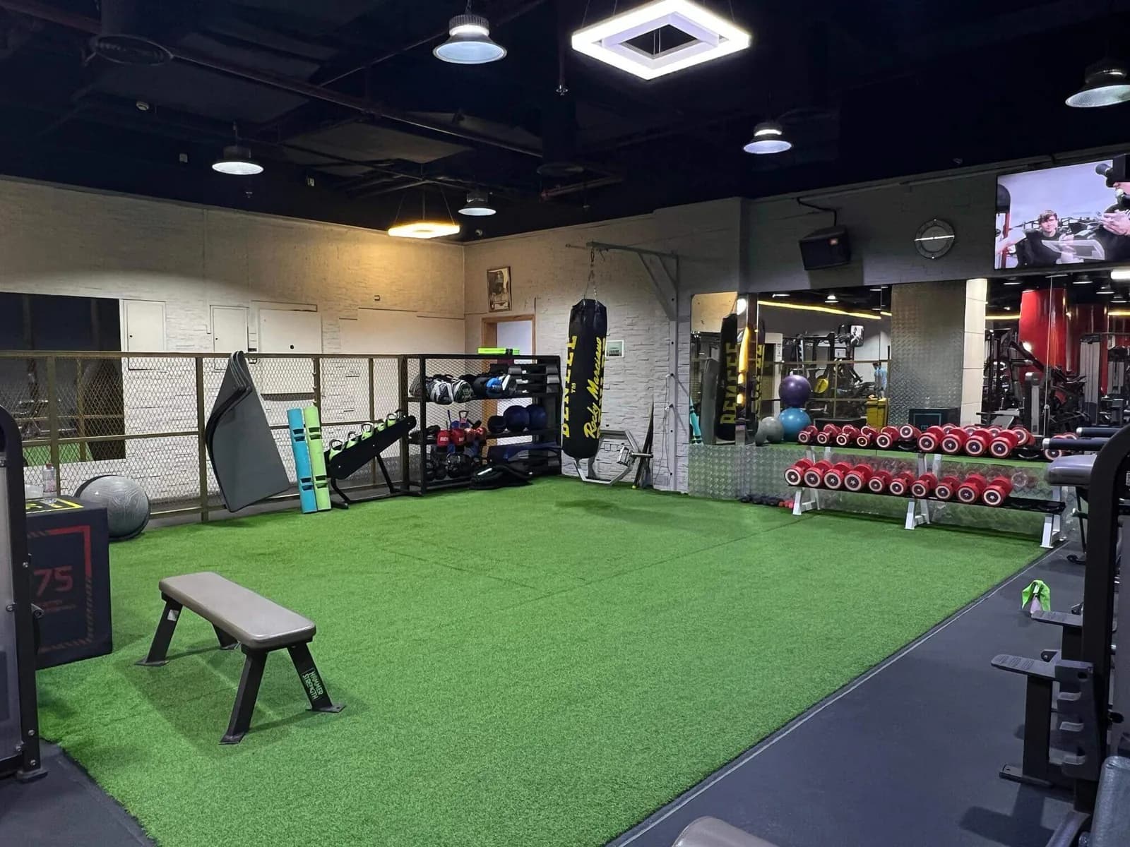 Modern gym interior with green artificial turf, dumbbells, benches, and boxing equipment