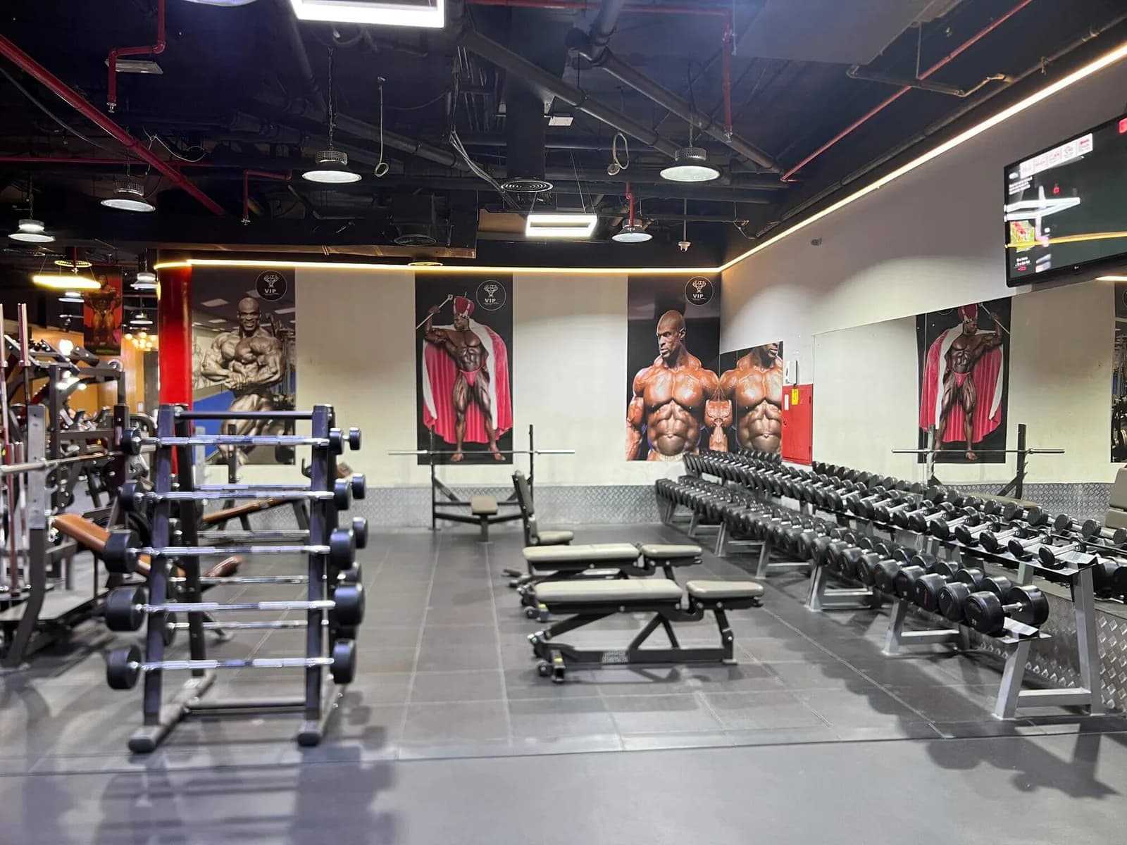 Gym interior with dumbbell racks, weight benches, and fitness posters on walls