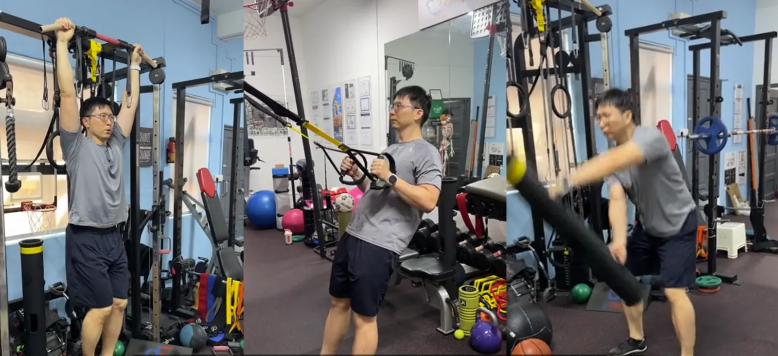 Personal trainers guide clients through exercises using gym equipment in a modern fitness studio