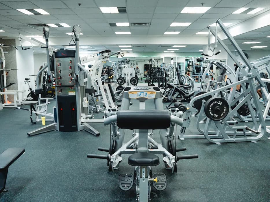 Modern gym interior with rows of exercise equipment and weight machines