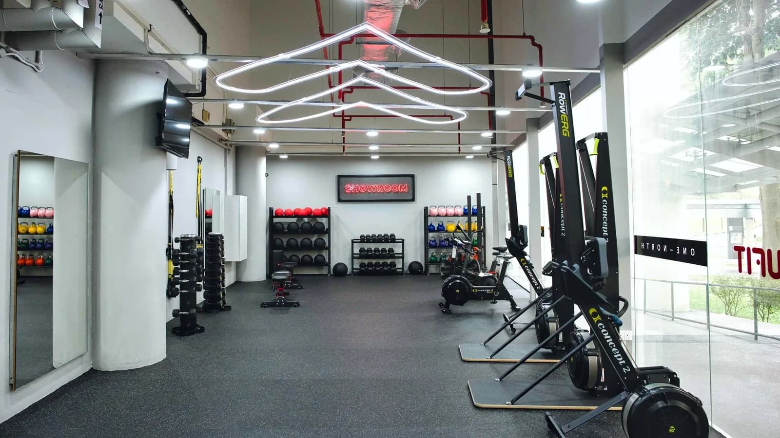 Modern gym studio with stationary bikes, dumbbells, and neon ceiling lights