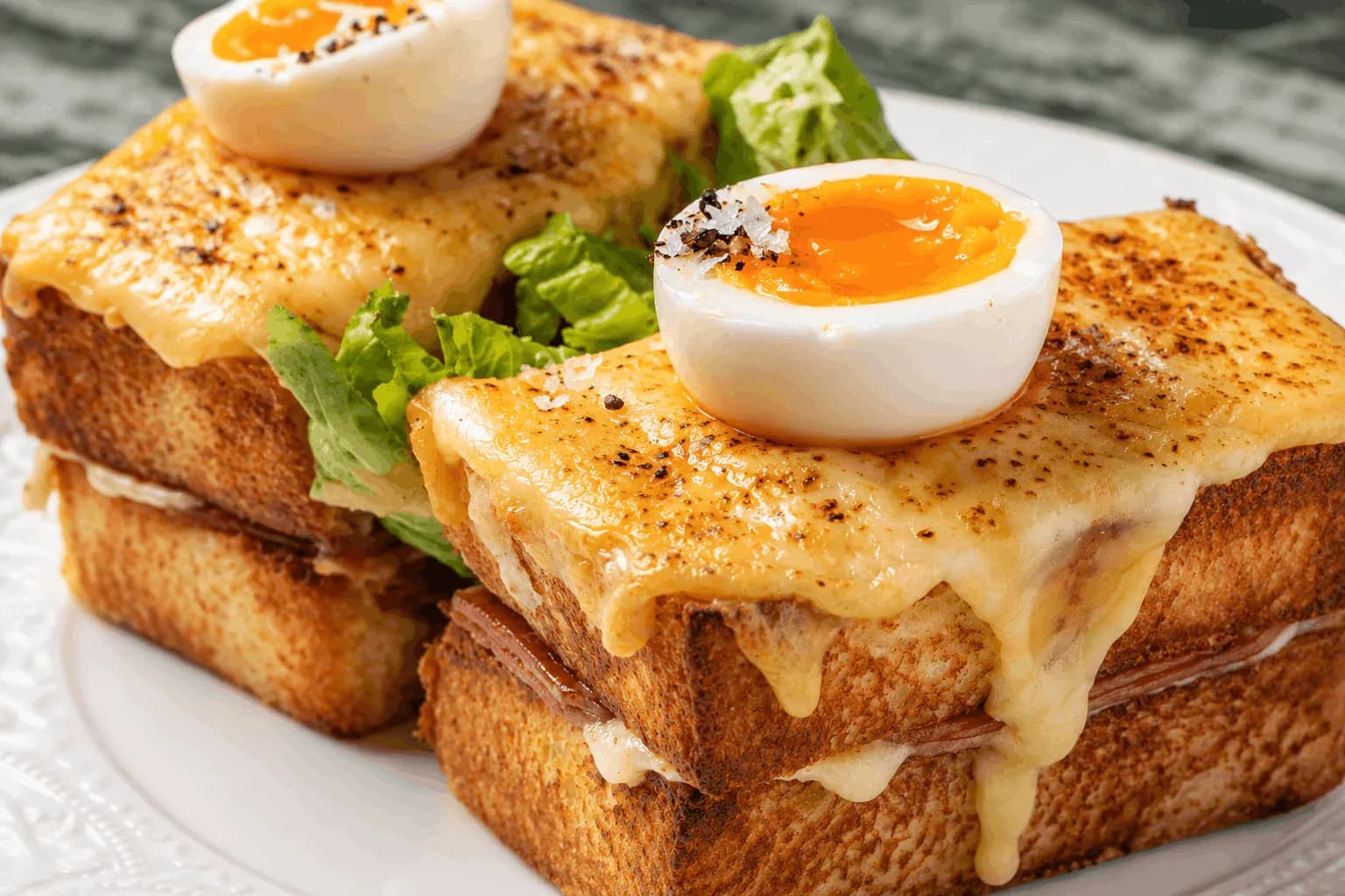 Toasted bread with melted cheese, soft-boiled eggs, and fresh greens on a white plate