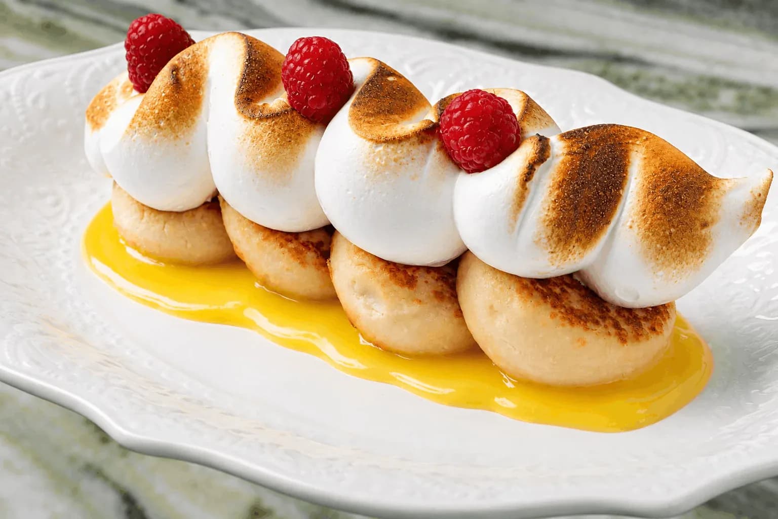 Meringue pastries with raspberries and yellow sauce on a white plate