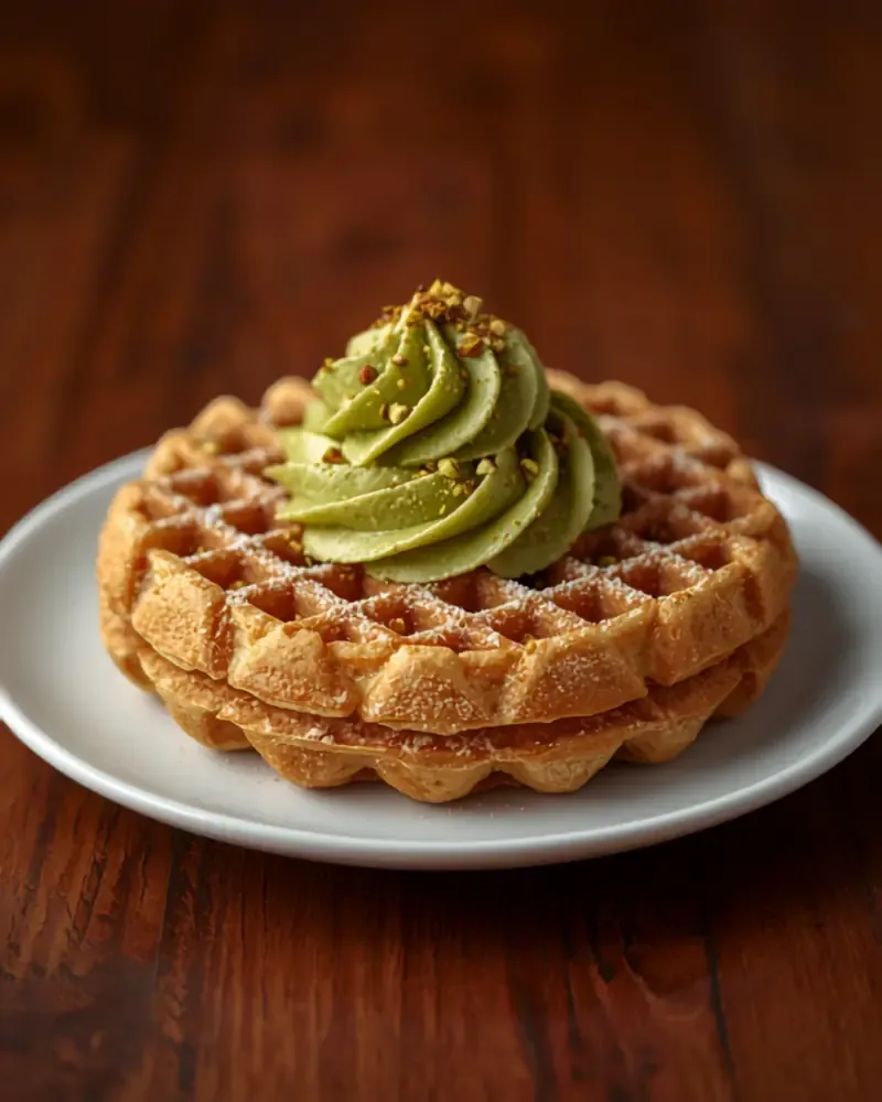 Belgian waffle with powdered sugar and matcha cream topping on a white plate