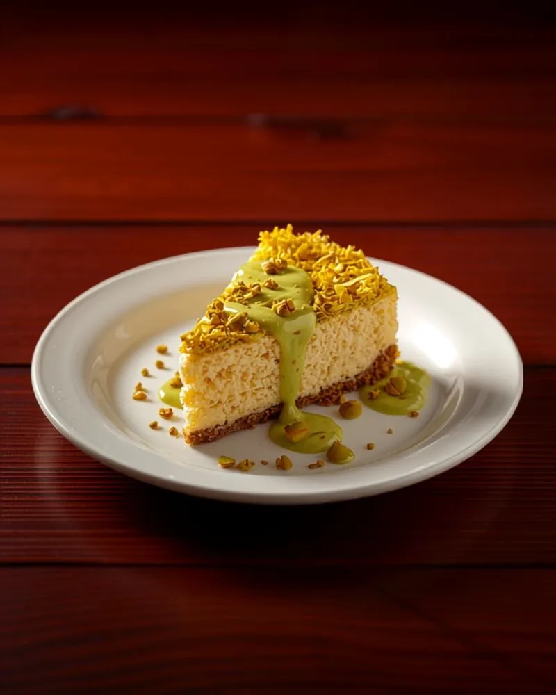 Pistachio cheesecake slice with yellow pistachio garnish and green sauce on white plate