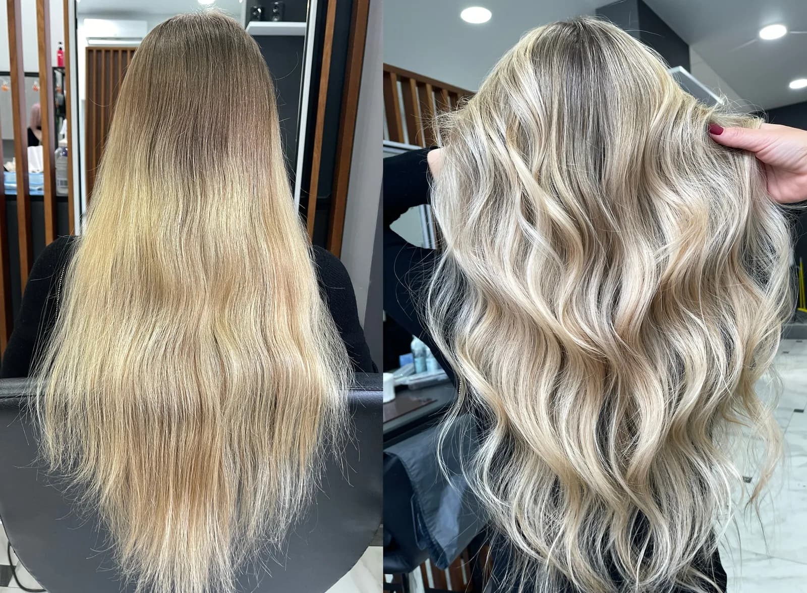 Before and after hair styling: straight blonde hair transformed into voluminous waves